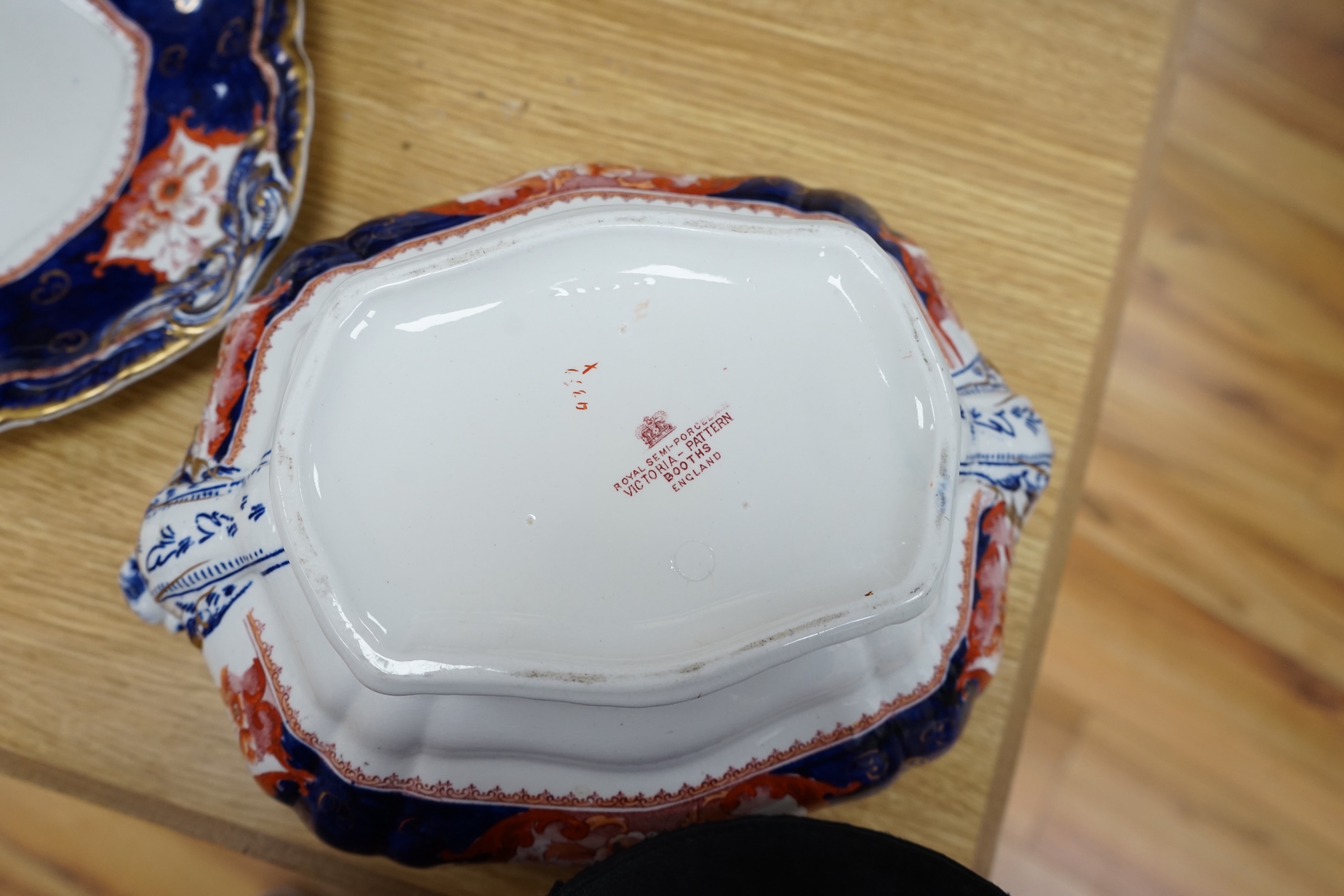 A Victorian Booths pottery iron red, blue and gilt soup tureen, cover, stand and ladle. Condition - good